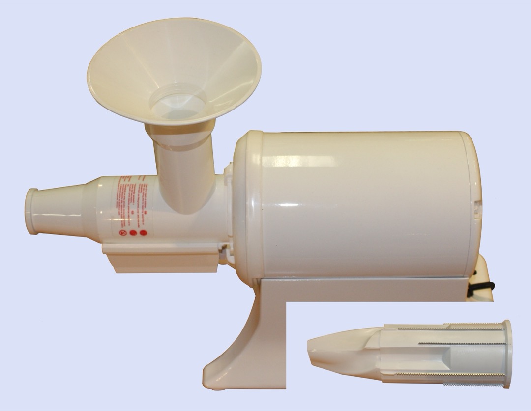 A white horizontal masticating juicer with a funnel hopper and a separate mesh screen part on a plain background