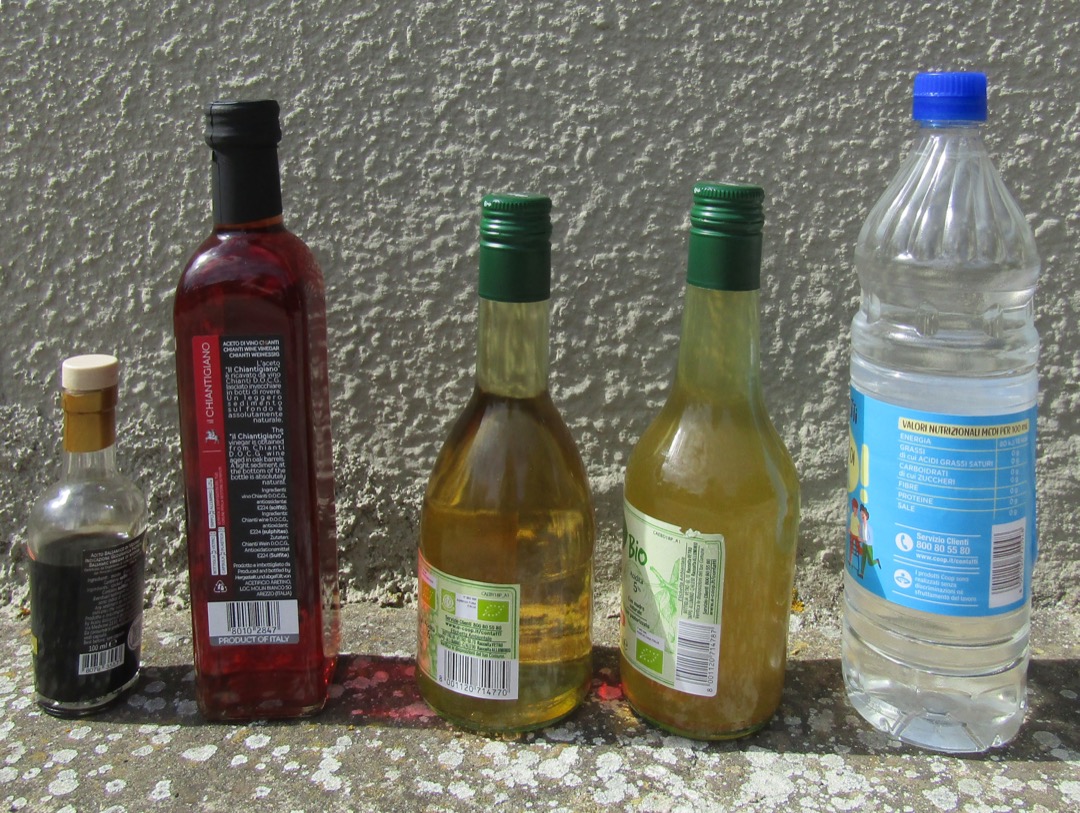 Five bottles of vinegar lined up against a stone wall, from dark balsamic and red wine vinegar through two golden vinegars to a clear bottle of white vinegar