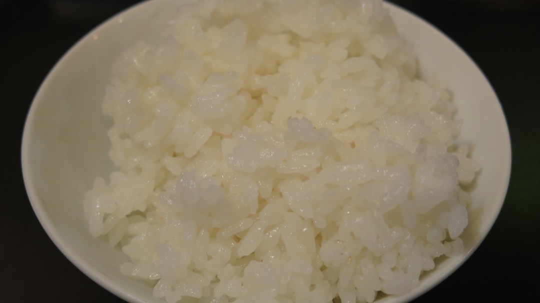 White ceramic bowl of freshly cooked white rice on a dark surface
